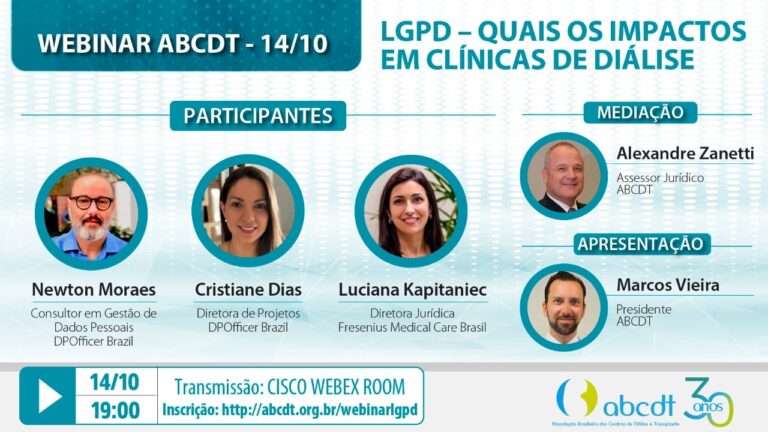 WEBINAR ABCDT – 14/10: LGPD – QUAIS OS IMPACTOS EM CLÍNICAS DE DIÁLISE