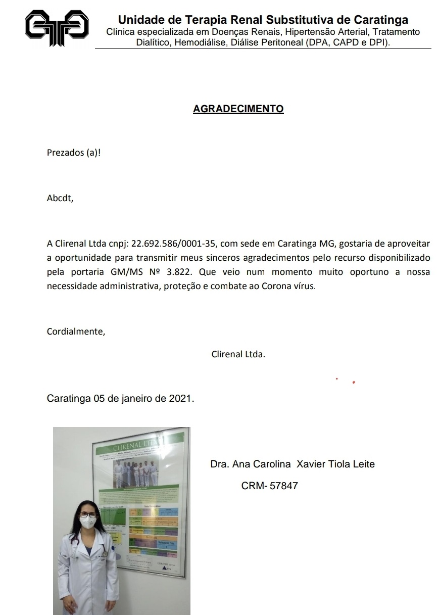 05-02-2021 - Agradecimento Unidade de Terapia renal Substitutiva de Caratinga
